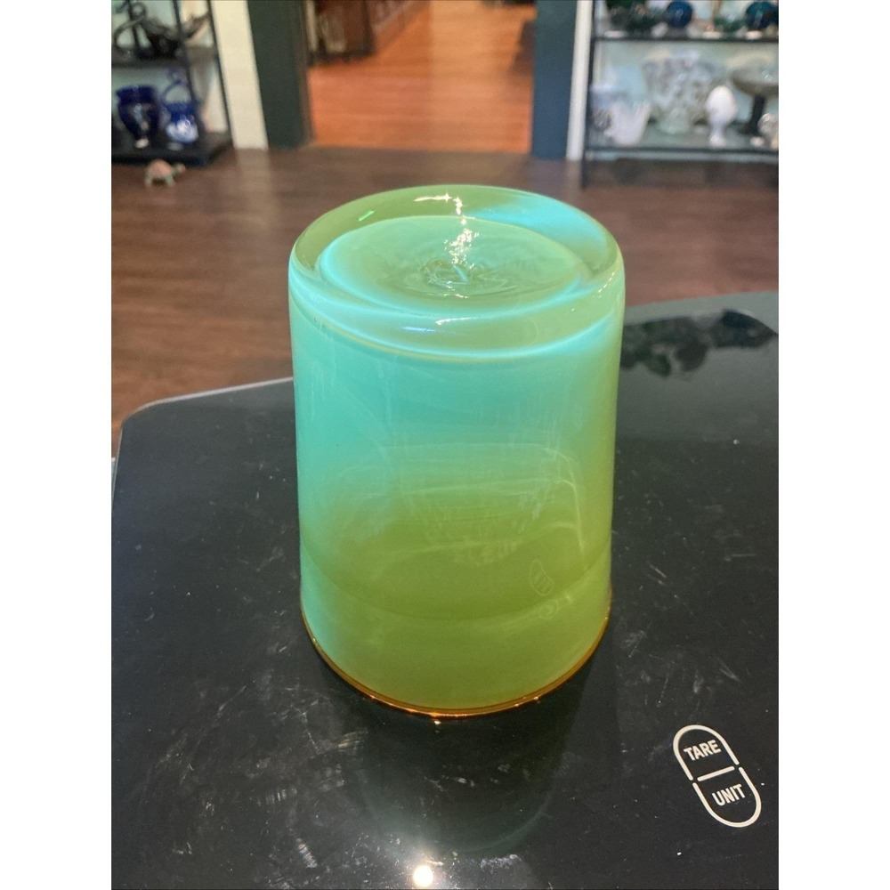 Vintage Dansk Green Borderline 4" Cased Glass Tumbler w/ Orange Rim - Picture 4 of 5